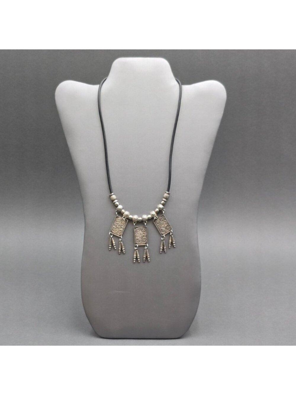Vintage Tribal Panel Fringe Necklace Silver Tone Leather Cord Boho Statement - Picture 4 of 16